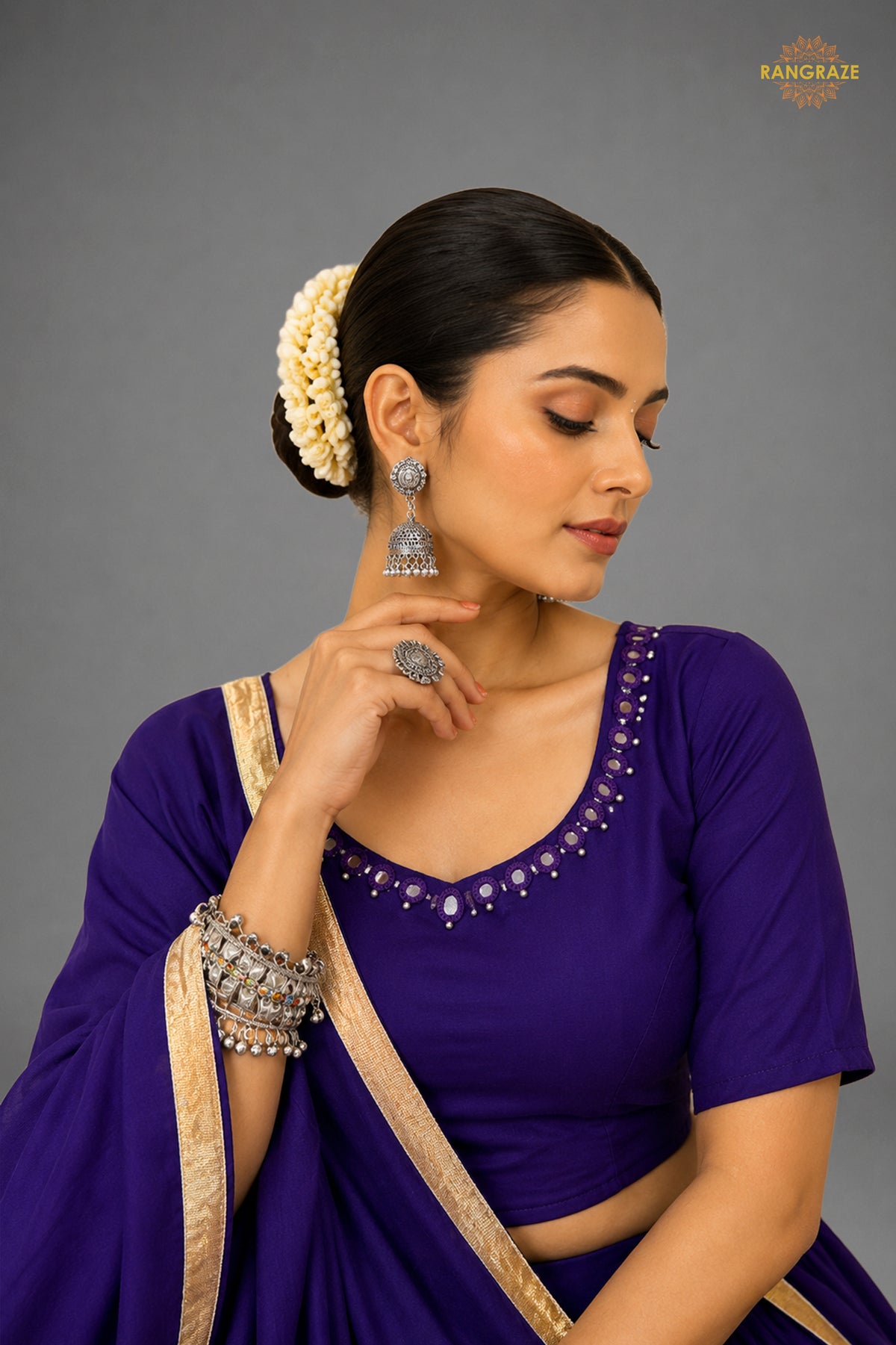 Purple Tiered Flared Lehenga Choli with Real Mirror Work Neckline