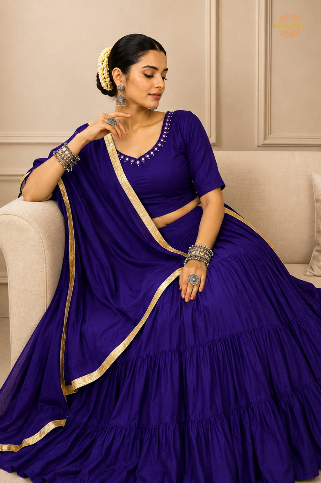 Purple Tiered Flared Lehenga Choli with Real Mirror Work Neckline