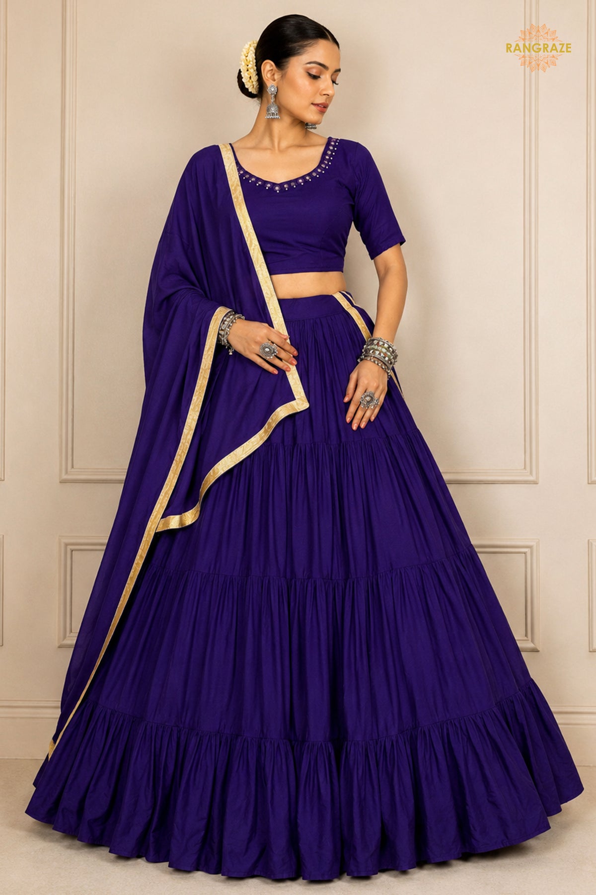Purple Tiered Flared Lehenga Choli with Real Mirror Work Neckline