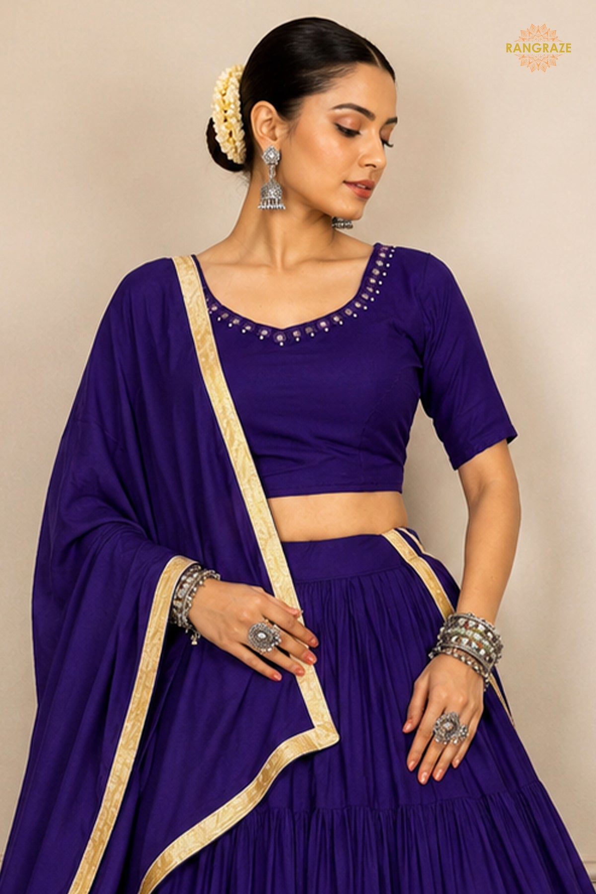 Purple Tiered Flared Lehenga Choli with Real Mirror Work Neckline