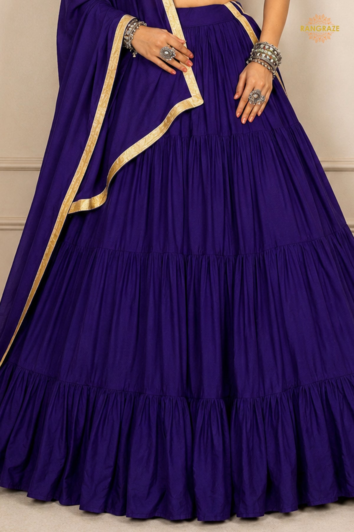 Purple Tiered Flared Lehenga Choli with Real Mirror Work Neckline