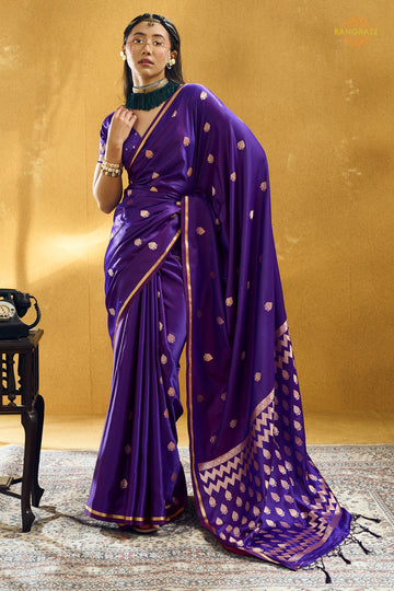 Purple Satin Silk Banarasi Saree with Woven Zari Buttas