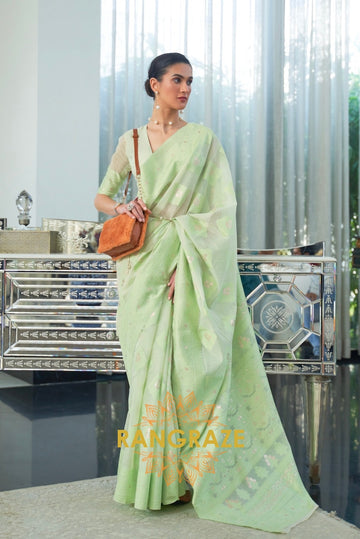 Green Chickankari Lucknowi Weaving Organza Silk Sarees