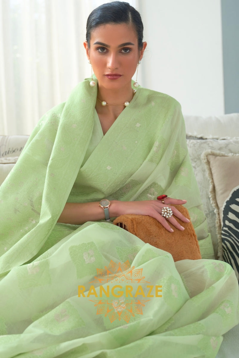 Green Chickankari Lucknowi Weaving Organza Silk Sarees