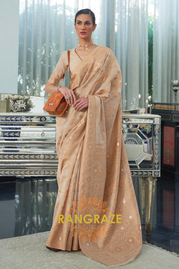 Golden Beige Chickankari Lucknowi Weaving Organza Silk Sarees