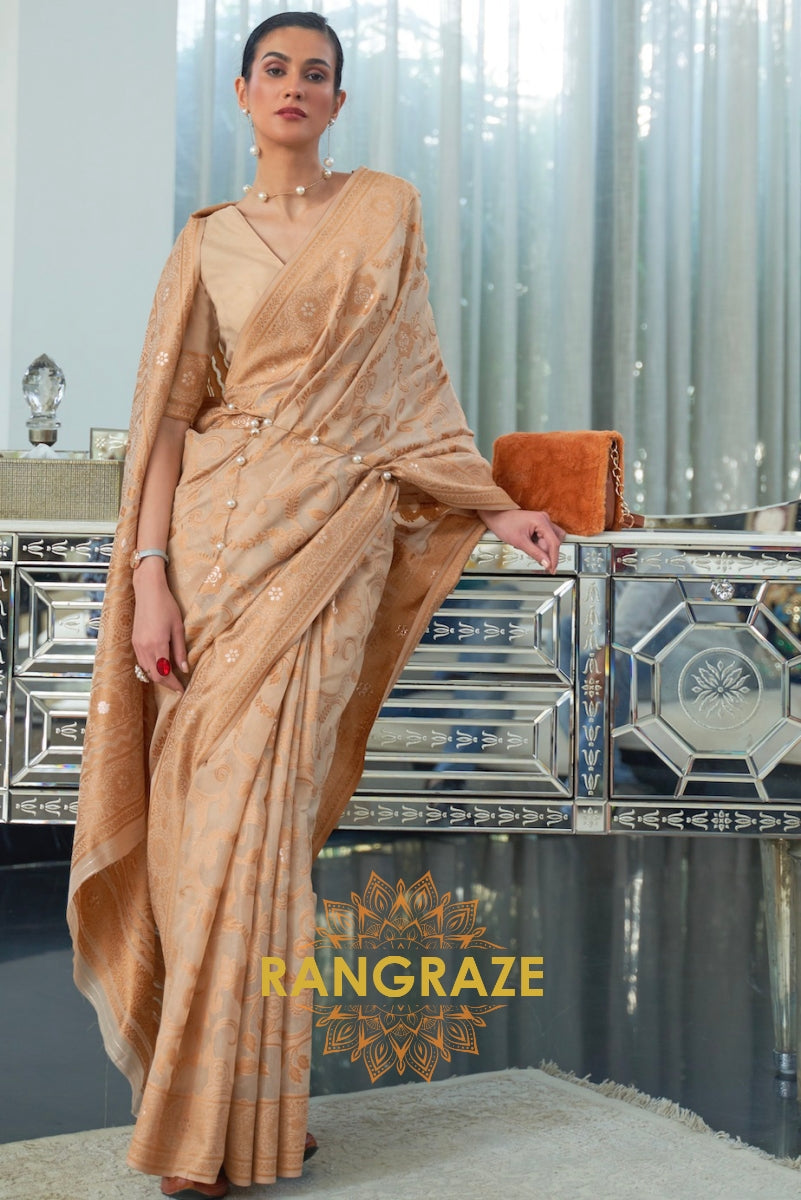 Golden Beige Chickankari Lucknowi Weaving Organza Silk Sarees