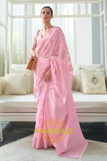 Pink Chickankari Lucknowi Weaving Organza Silk Sarees