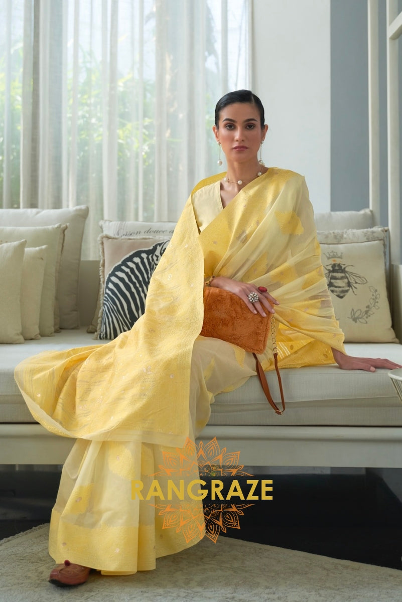 Yellow Chickankari Lucknowi Weaving Organza Silk Sarees