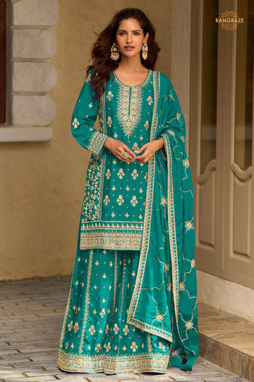 Rama Green Stitched Embroidered Chinon Sharara Suit