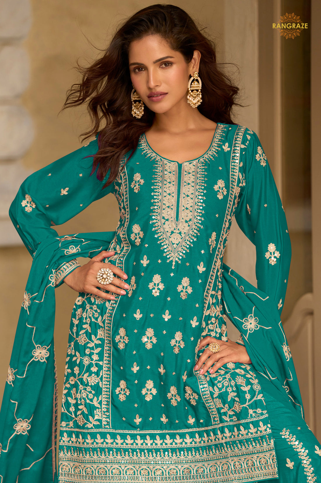 Rama Green Stitched Embroidered Chinon Sharara Suit