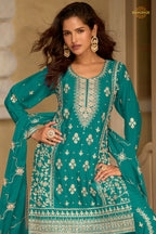 Rama Green Stitched Embroidered Chinon Sharara Suit