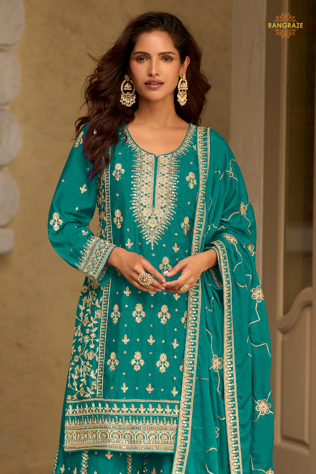 Rama Green Stitched Embroidered Chinon Sharara Suit