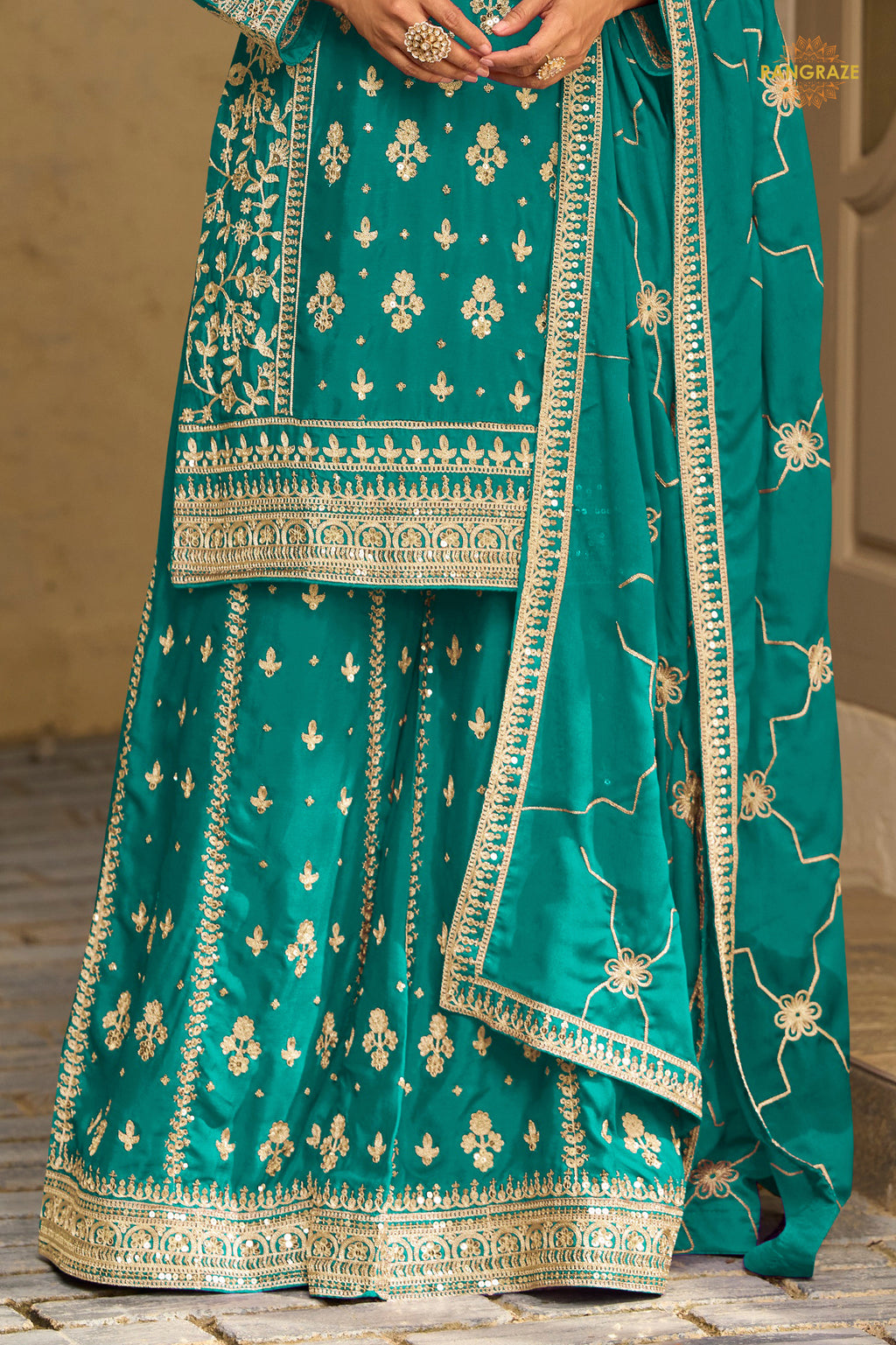 Rama Green Stitched Embroidered Chinon Sharara Suit