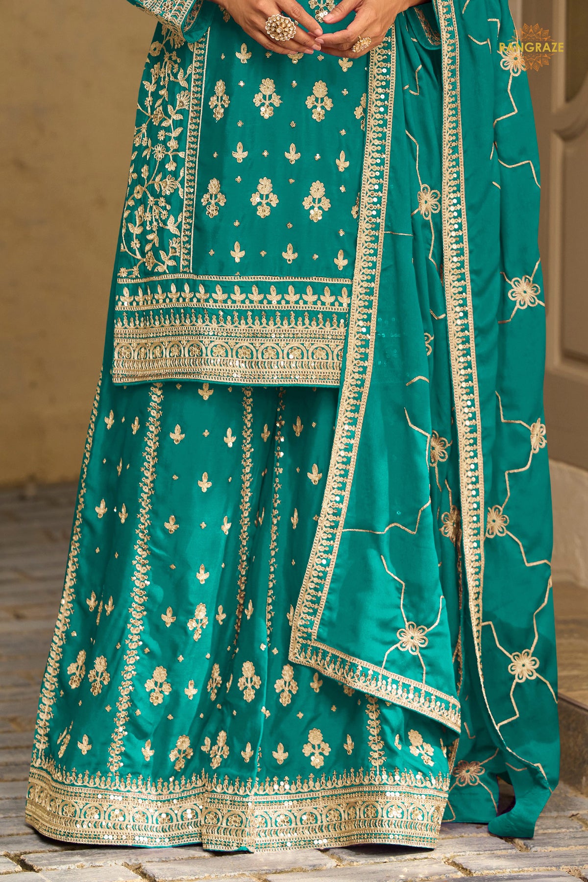 Rama Green Stitched Embroidered Chinon Sharara Suit