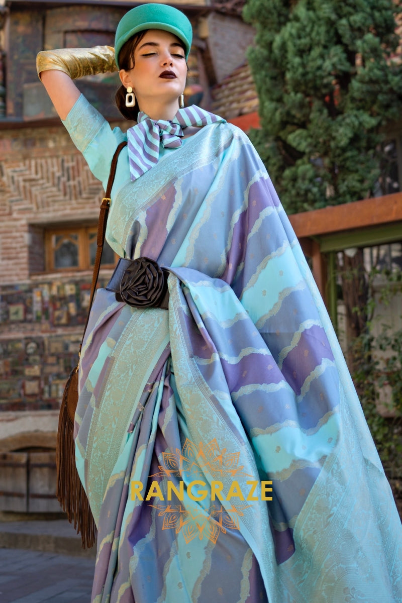 Teal Turquoise Rangkaat Woven Soft Silk Saree