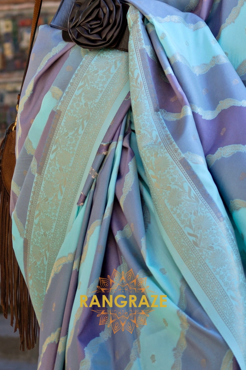 Teal Turquoise Rangkaat Woven Soft Silk Saree