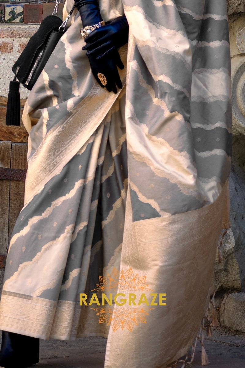 Cream and Grey Rangkaat Woven Soft Silk Saree