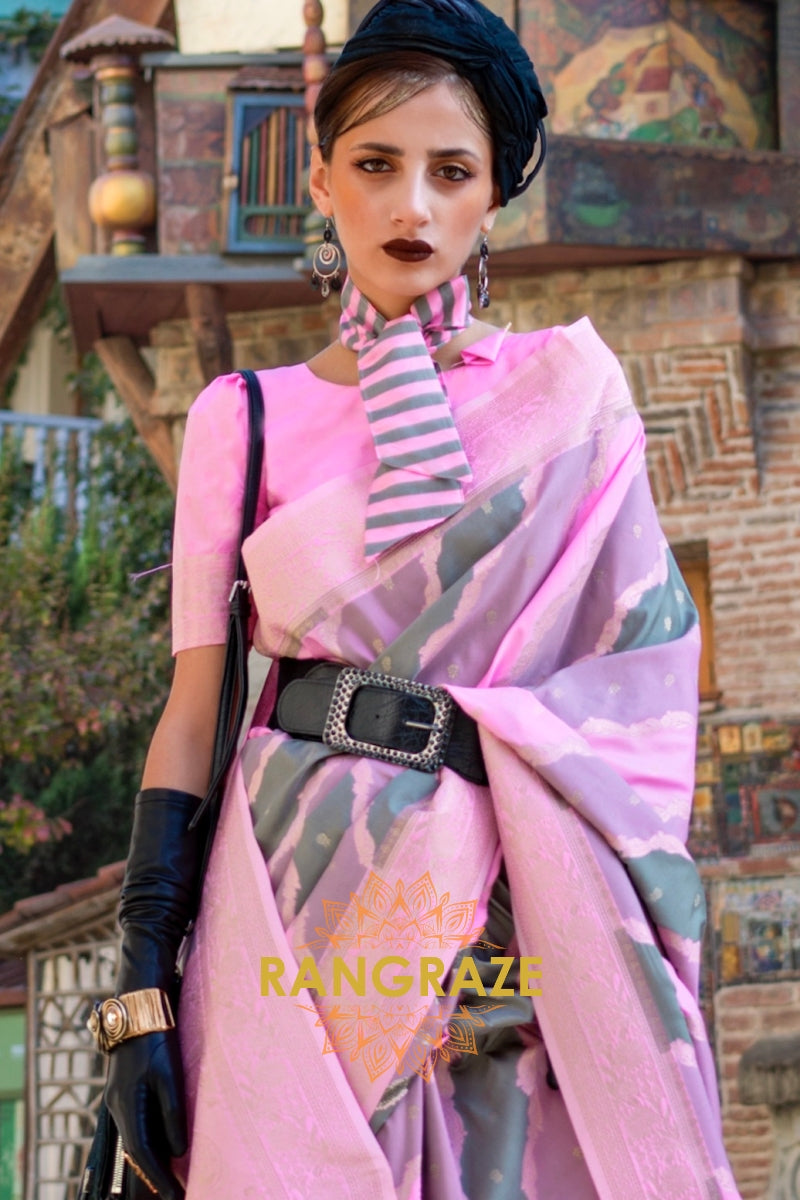 Rose Pink Rangkaat Woven Soft Silk Saree