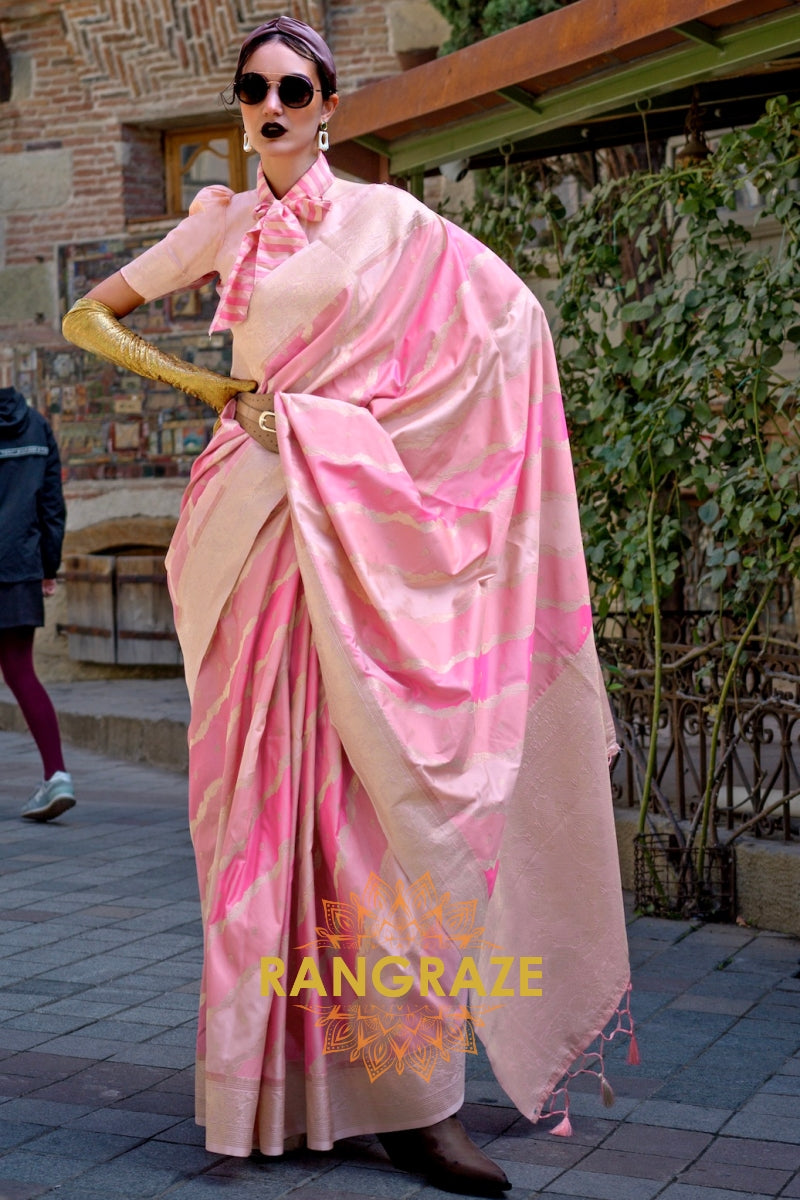 Taffy Pink and Cream Rangkaat Woven Soft Silk Saree