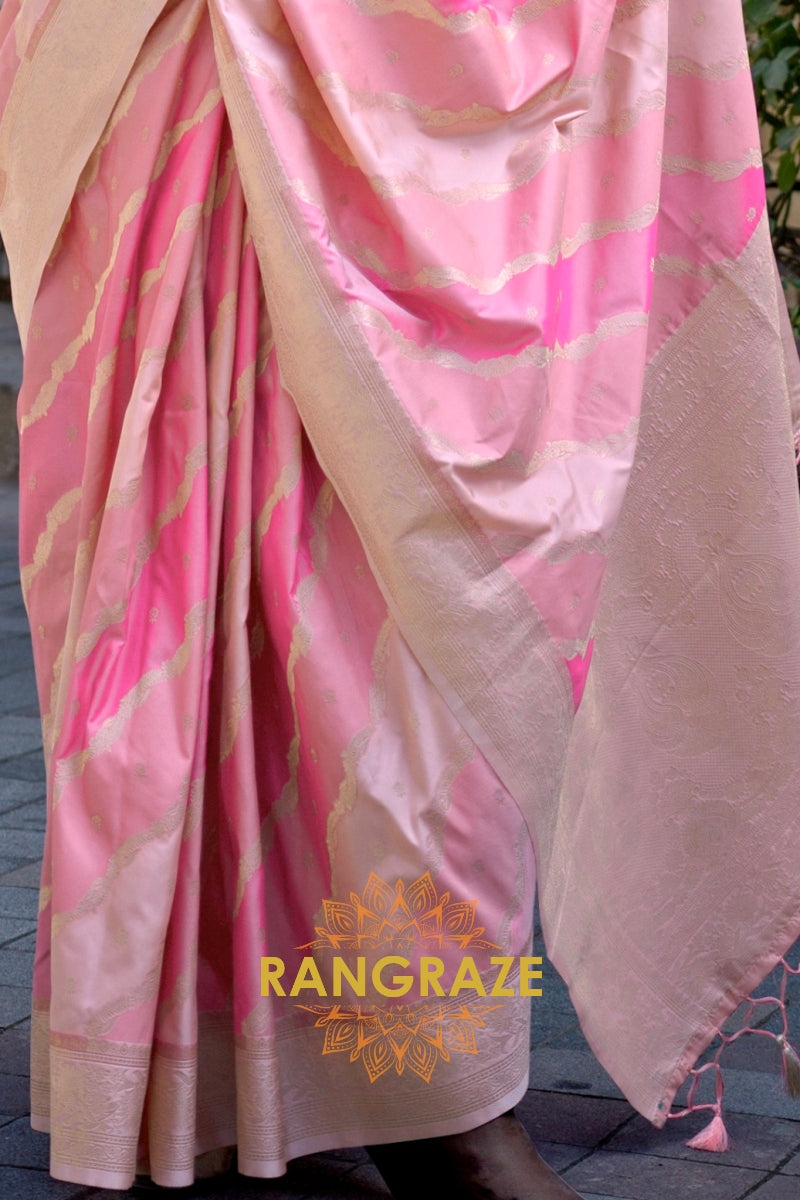 Taffy Pink and Cream Rangkaat Woven Soft Silk Saree