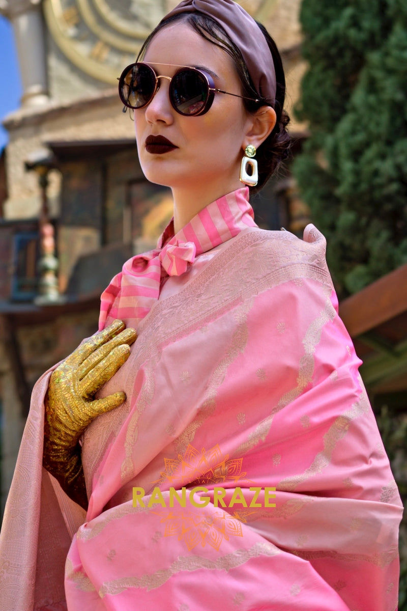 Taffy Pink and Cream Rangkaat Woven Soft Silk Saree