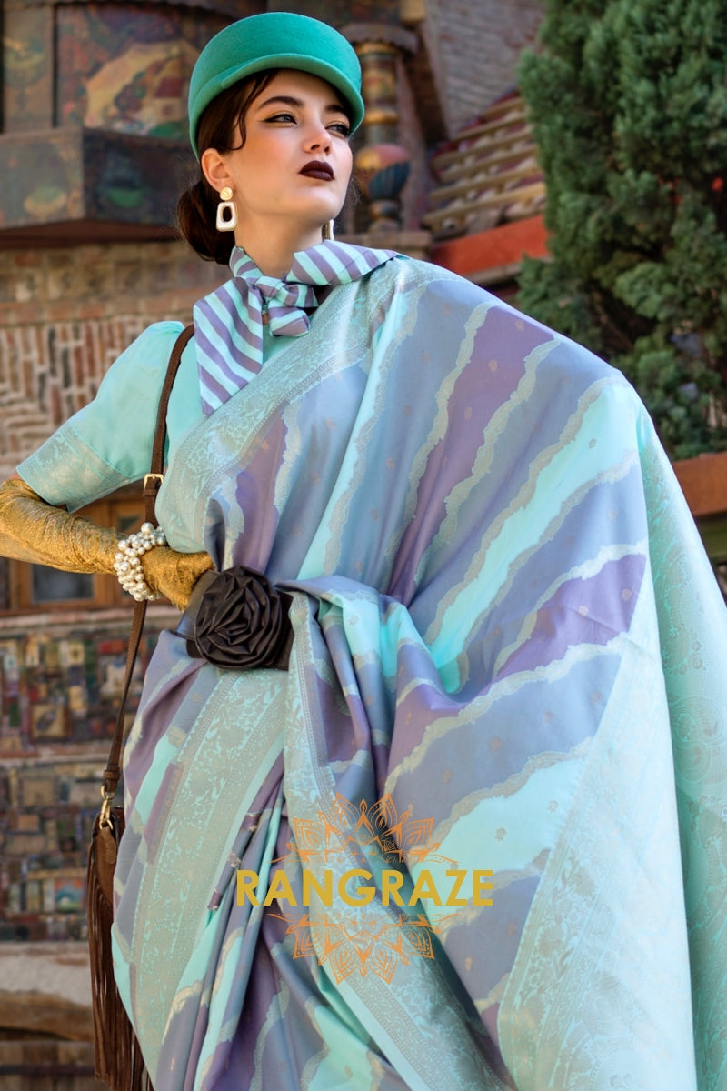 Teal Turquoise Rangkaat Woven Soft Silk Saree