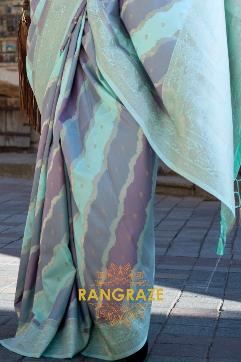 Teal Turquoise Rangkaat Woven Soft Silk Saree