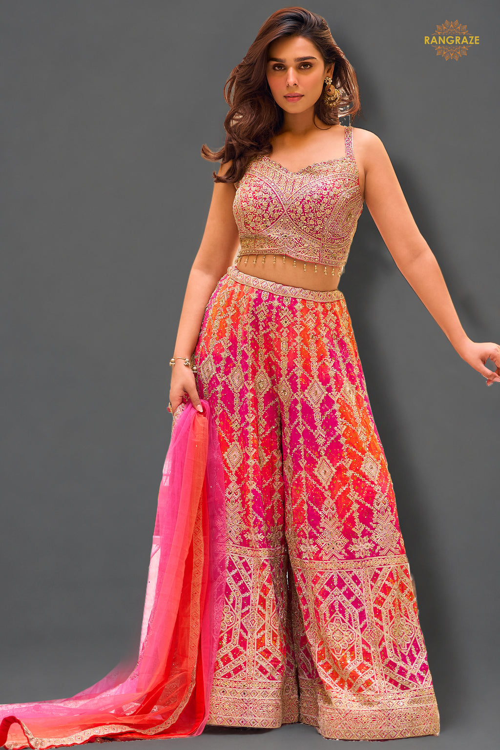 Rani And Orange Stitched Chinon Palazzo Set with Dupatta