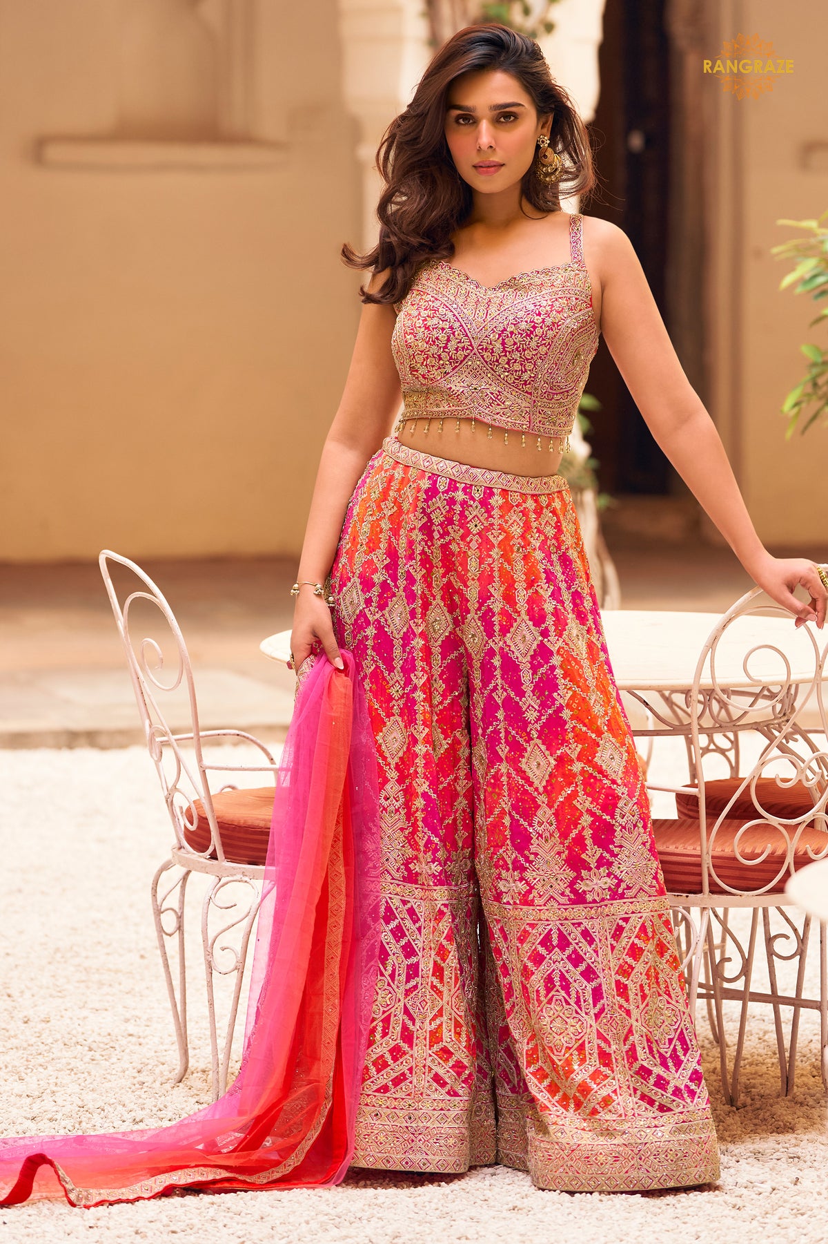 Rani And Orange Stitched Chinon Palazzo Set with Dupatta