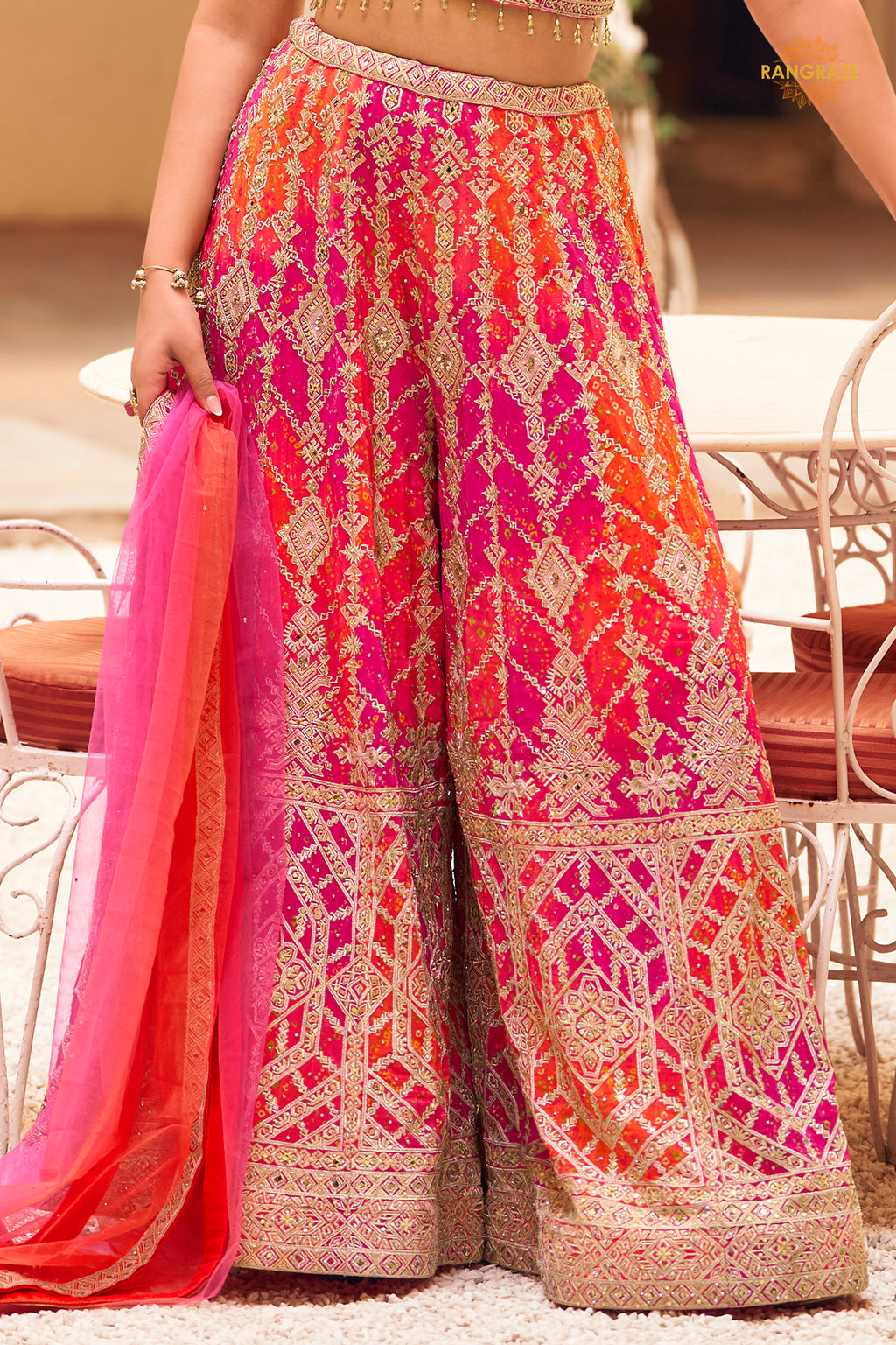 Rani And Orange Stitched Chinon Palazzo Set with Dupatta
