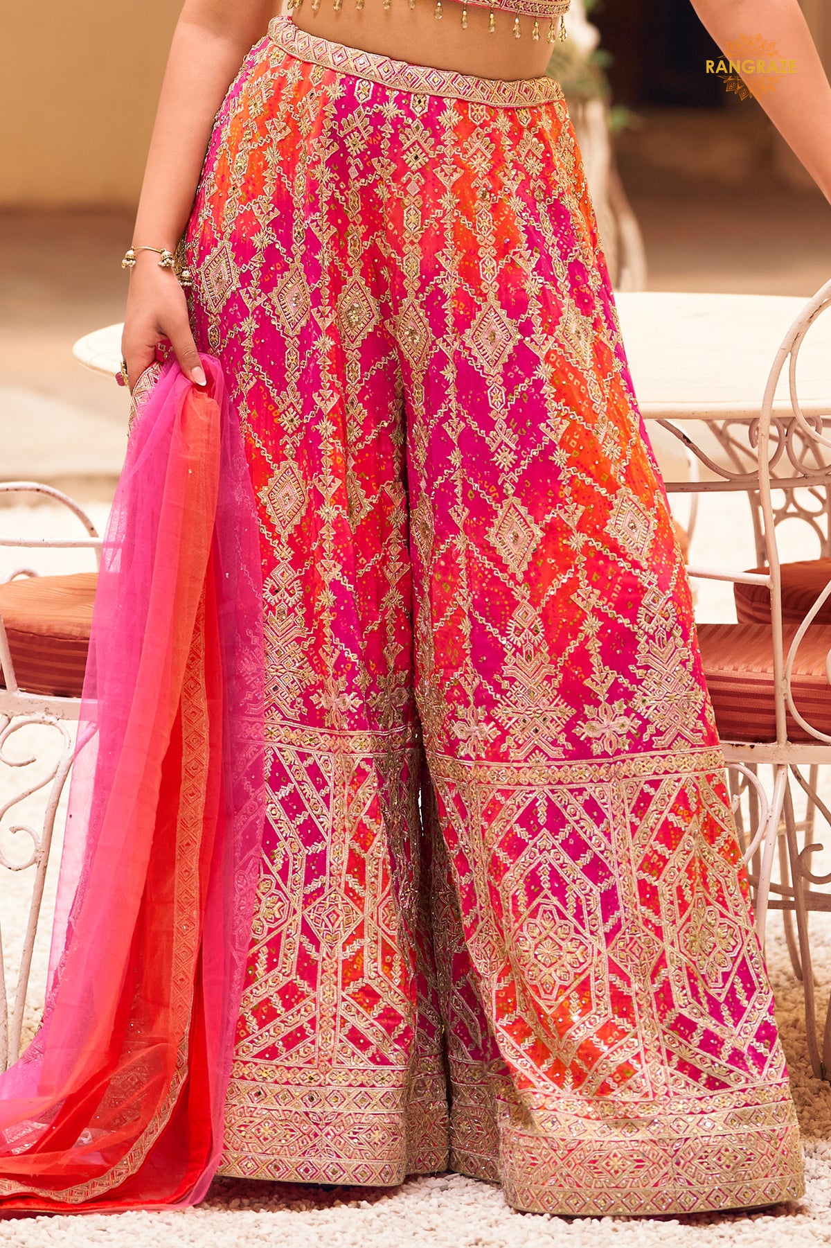 Rani And Orange Stitched Chinon Palazzo Set with Dupatta
