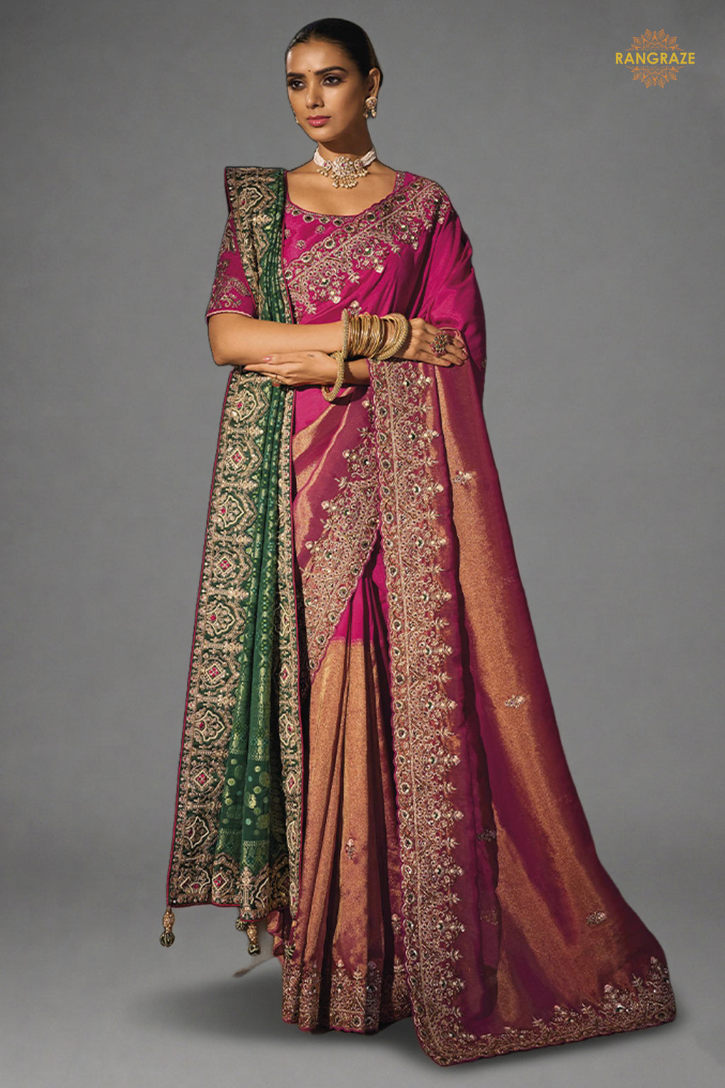 Rani Pink Embroidered Kanchipuram Silk Saree With Dupatta