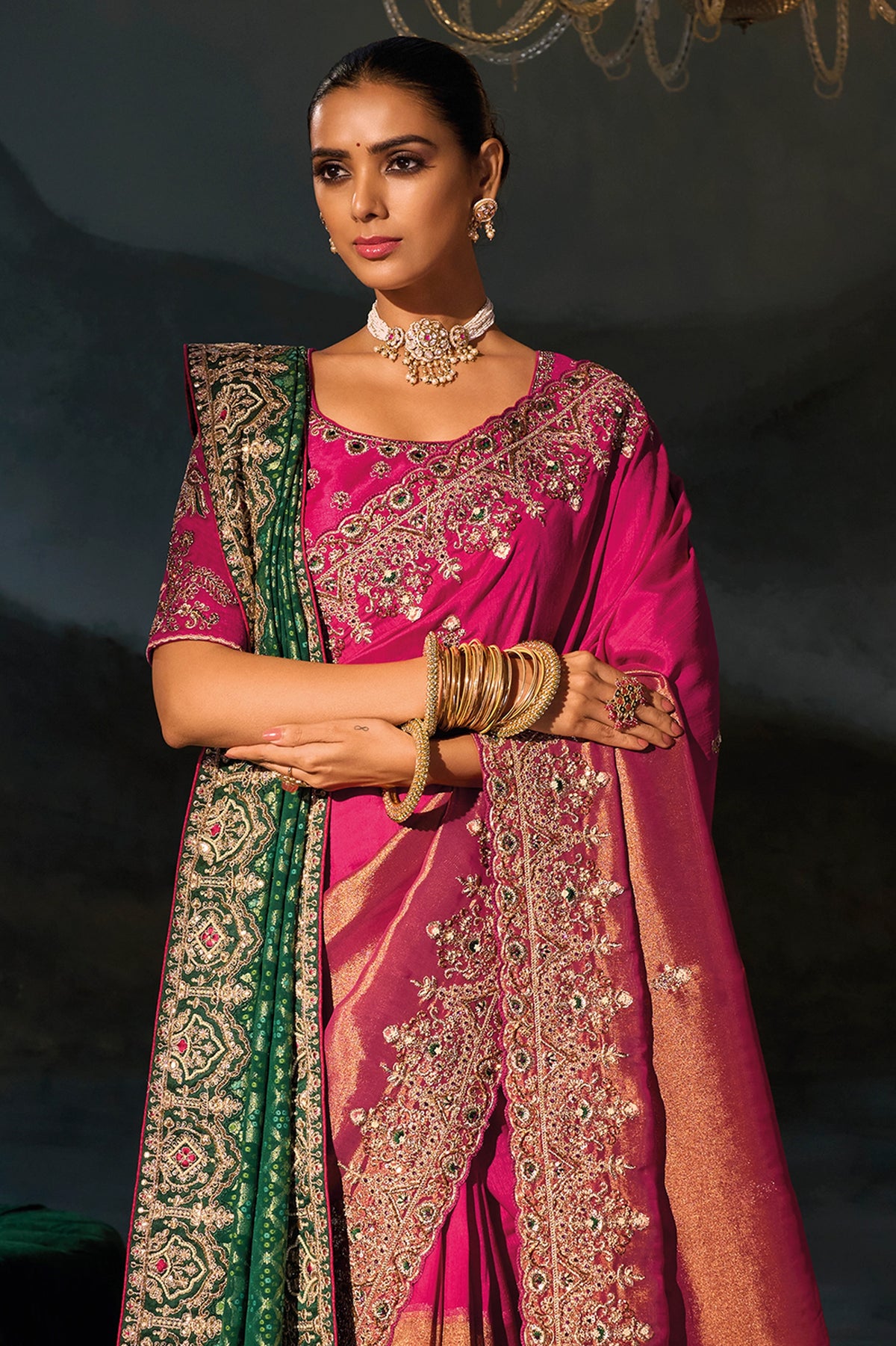 Rani Pink Embroidered Kanchipuram Silk Saree With Dupatta