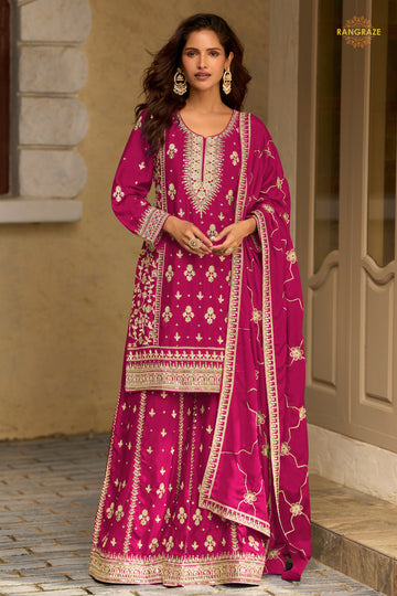 Rani Pink Stitched Embroidered Chinon Sharara Suit