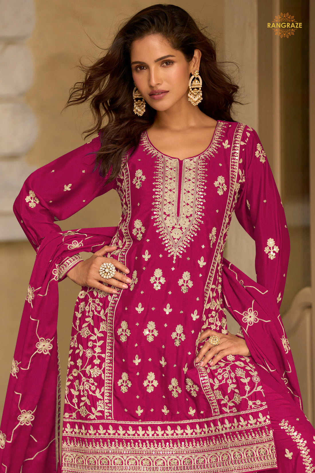 Rani Pink Stitched Embroidered Chinon Sharara Suit