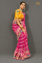 Raspberry Pink Embroidered Bandhej Georgette Saree