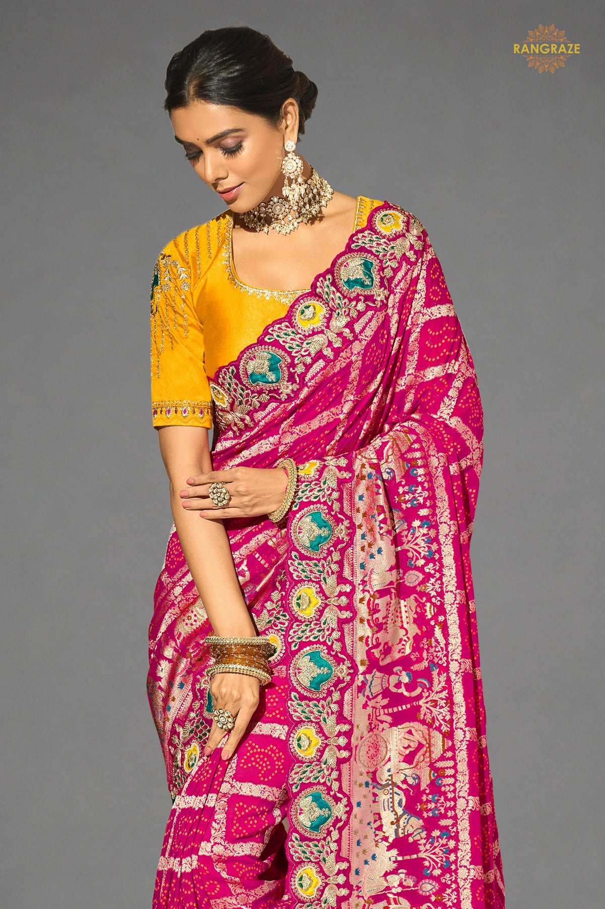 Raspberry Pink Embroidered Bandhej Georgette Saree