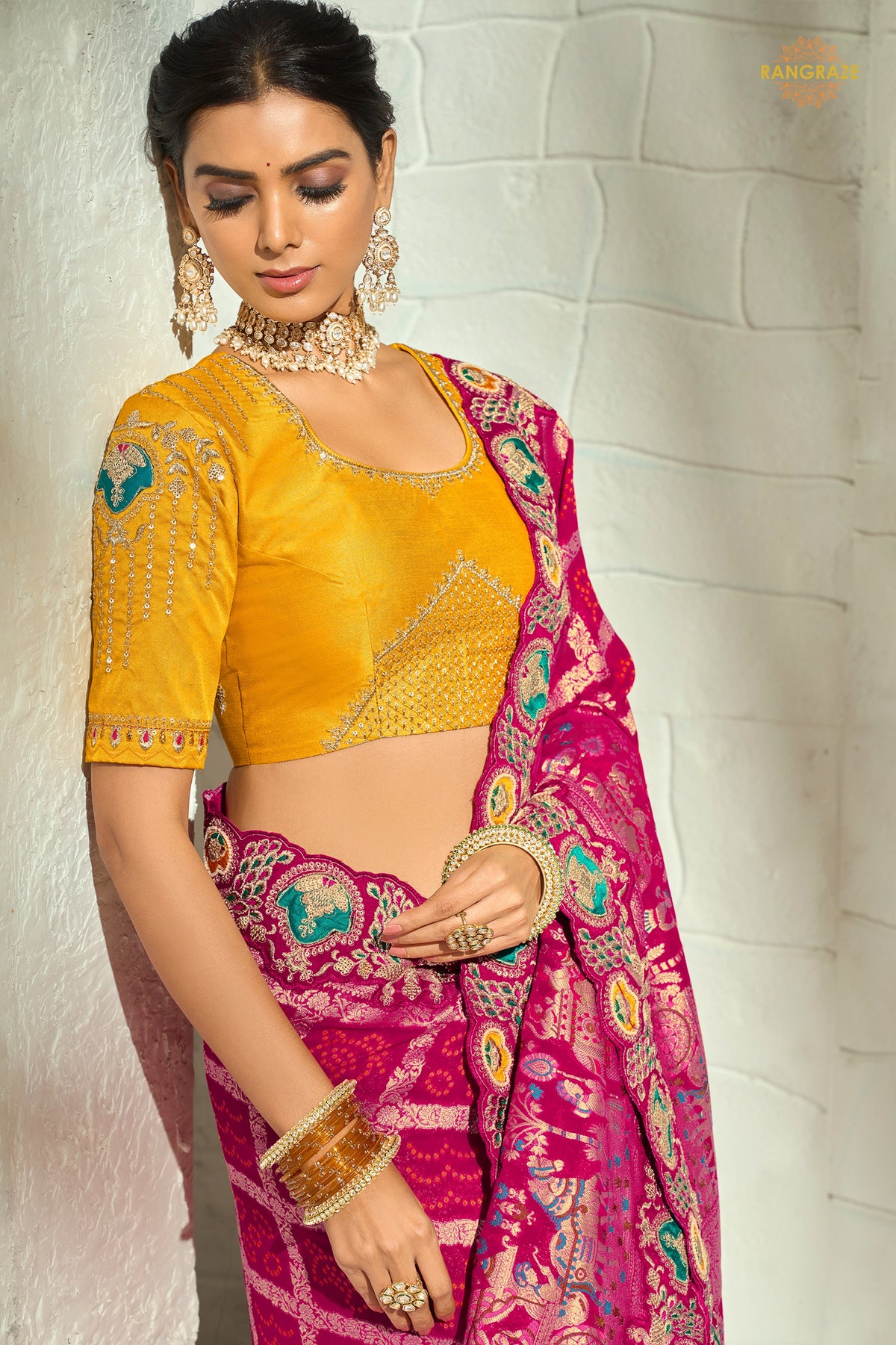 Raspberry Pink Embroidered Bandhej Georgette Saree