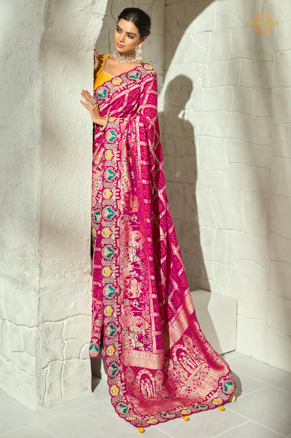 Raspberry Pink Embroidered Bandhej Georgette Saree