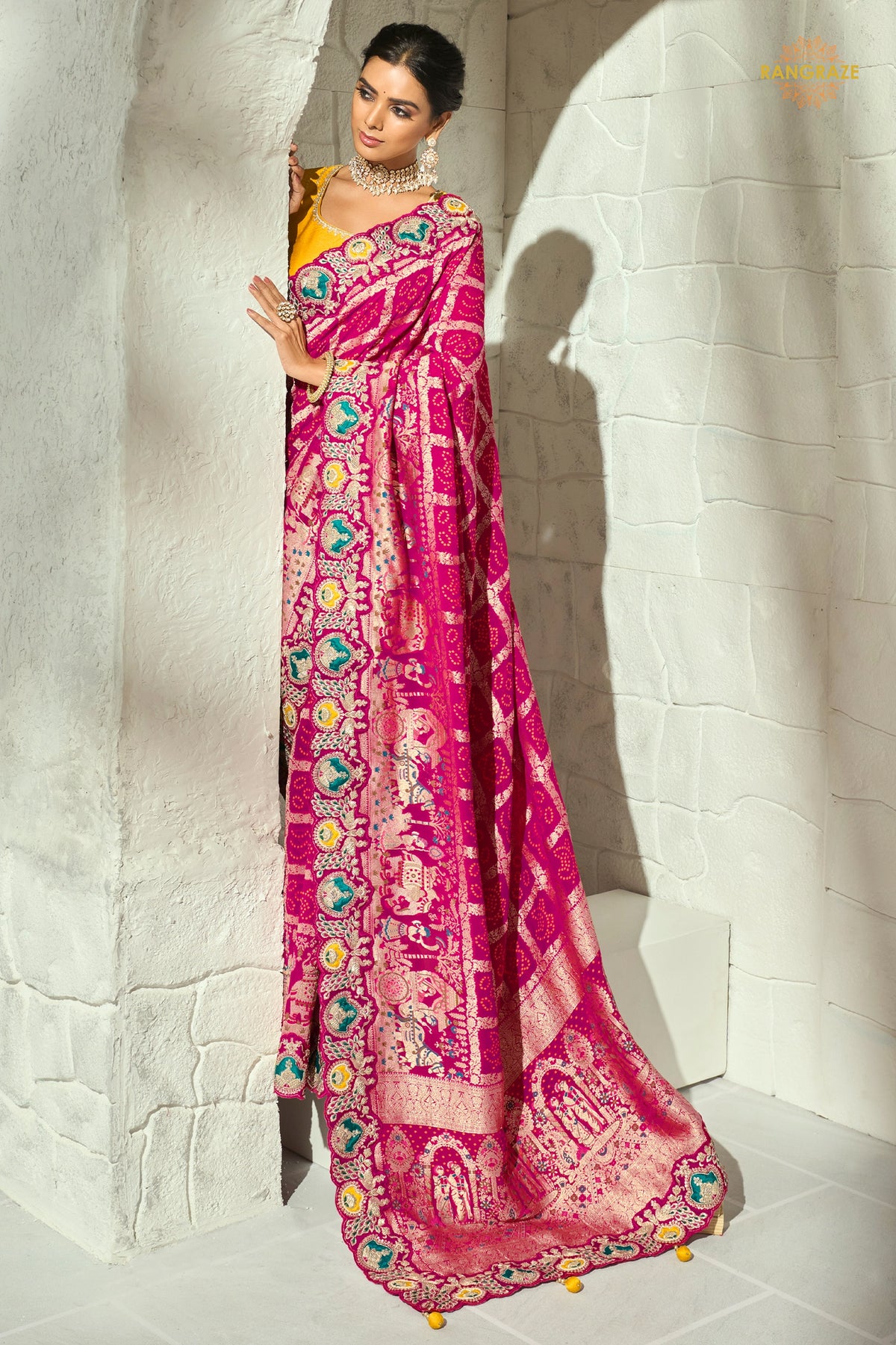 Raspberry Pink Embroidered Bandhej Georgette Saree