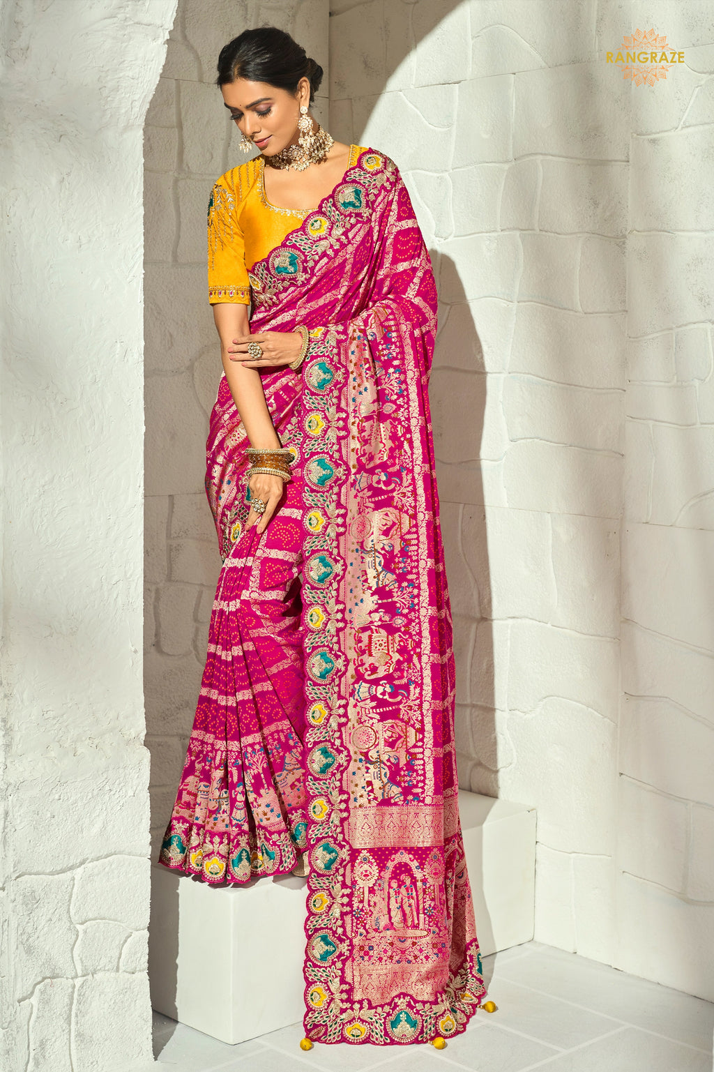 Raspberry Pink Embroidered Bandhej Georgette Saree