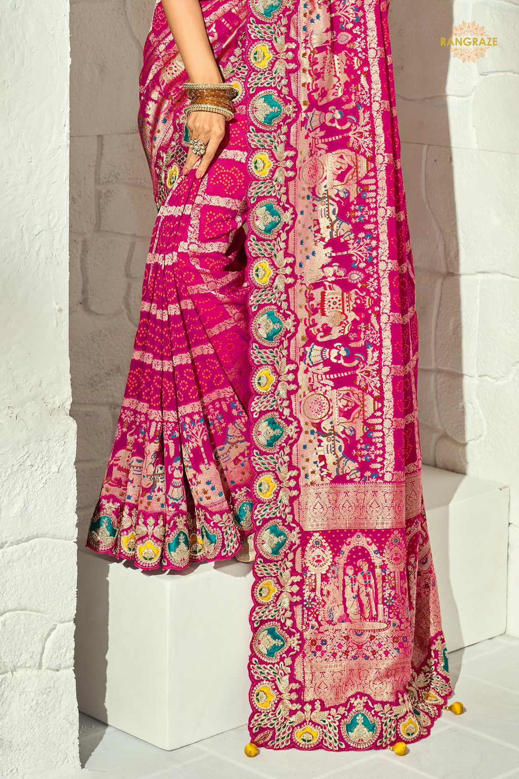 Raspberry Pink Embroidered Bandhej Georgette Saree