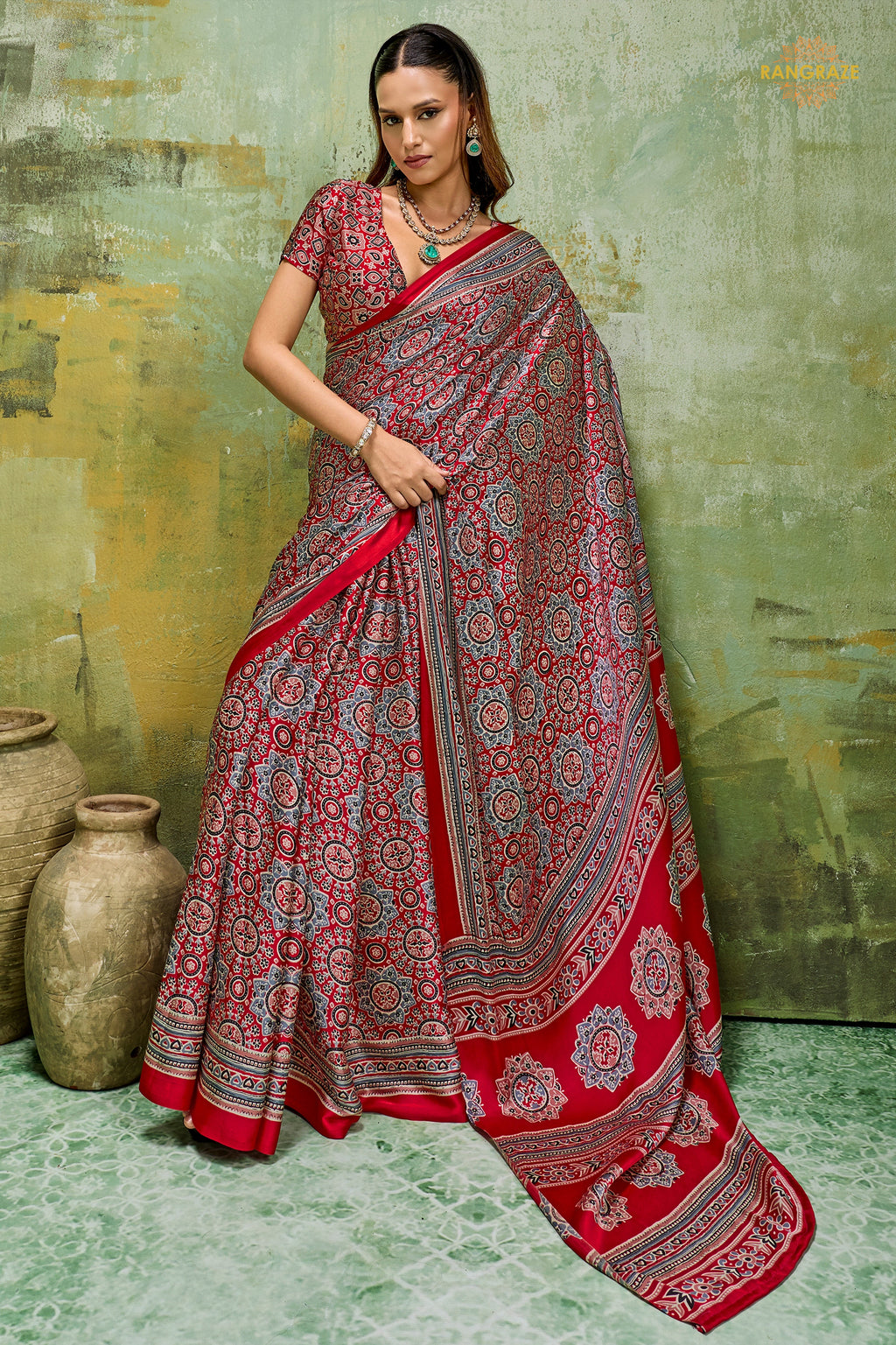 Red Ajrakh Print Modal Satin Saree