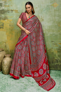 Red Ajrakh Print Modal Satin Saree