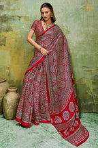 Red Ajrakh Print Modal Satin Saree