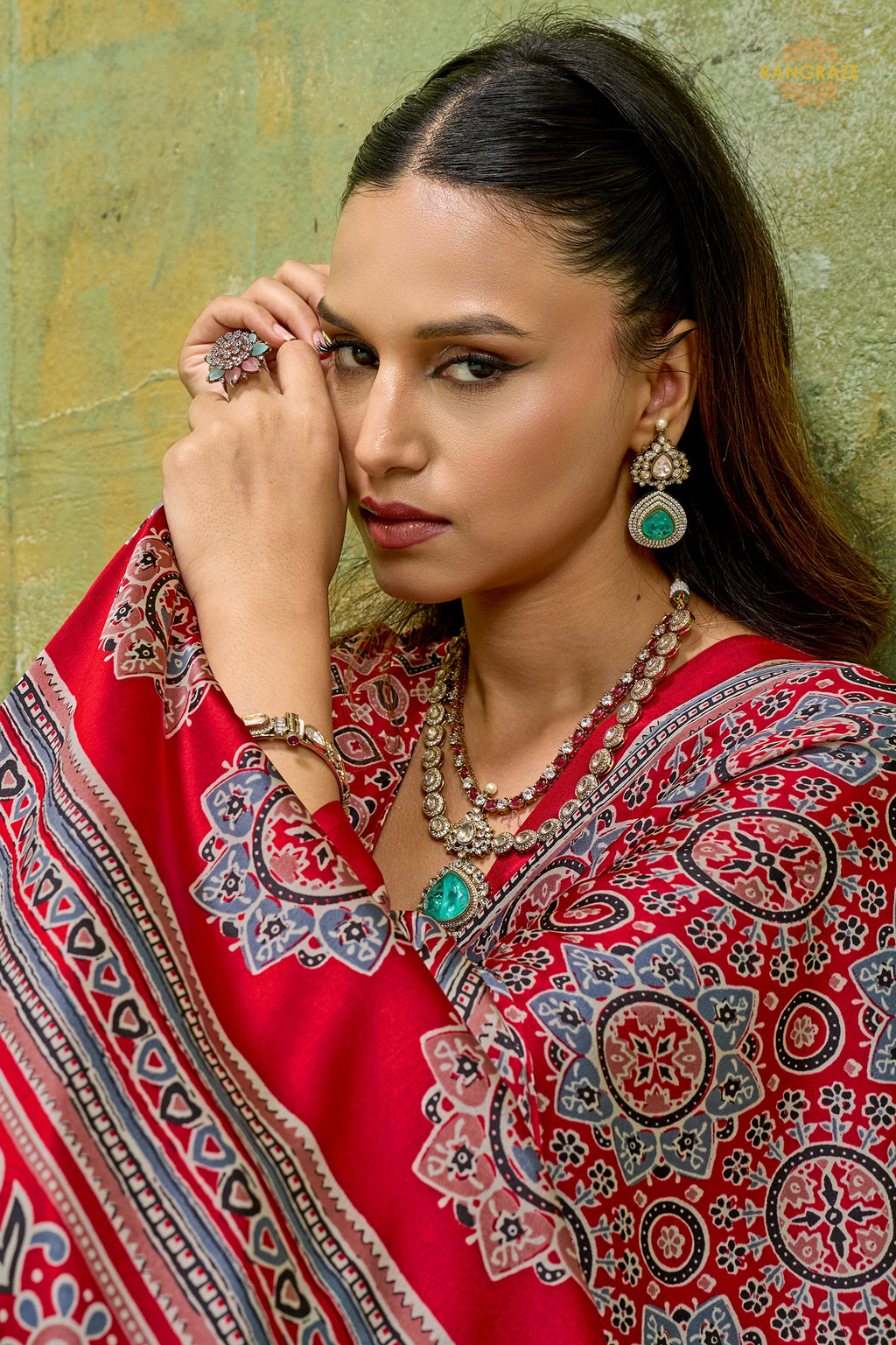 Red Ajrakh Print Modal Satin Saree