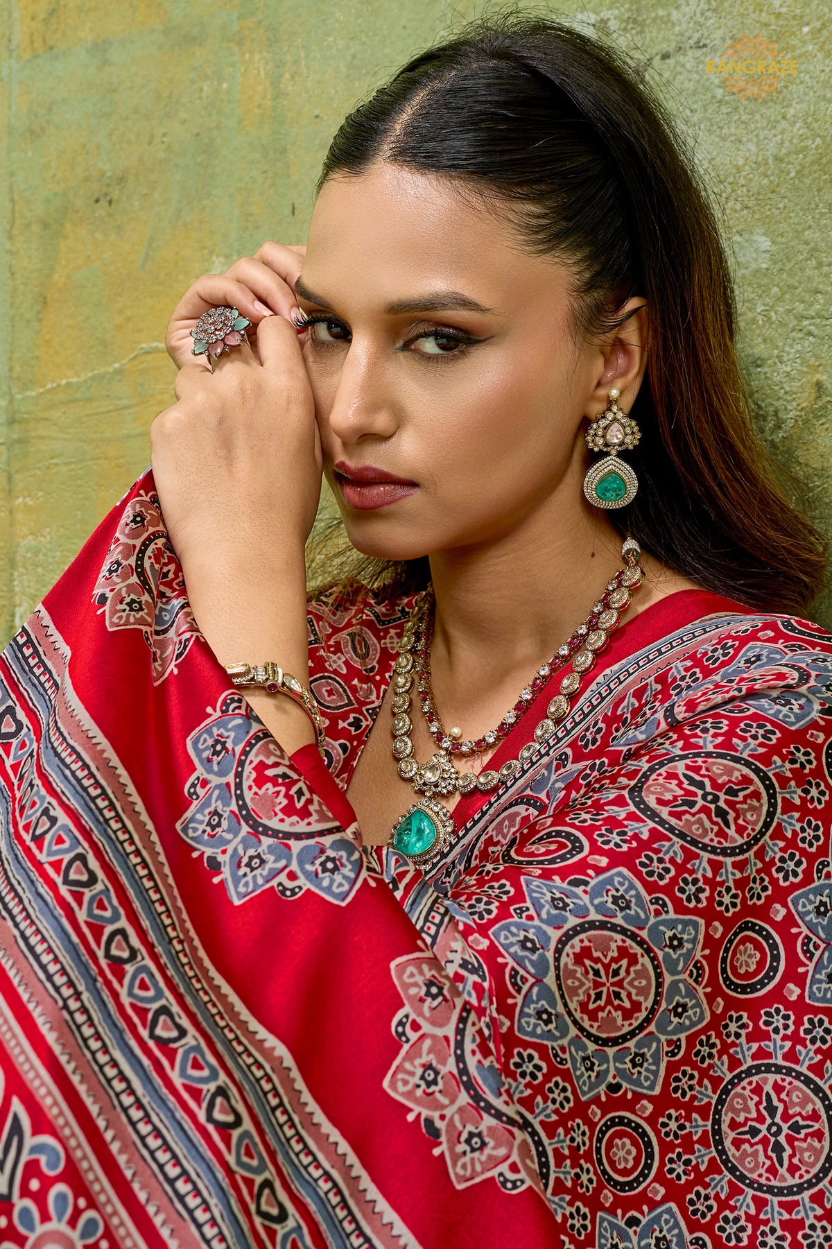 Red Ajrakh Print Modal Satin Saree