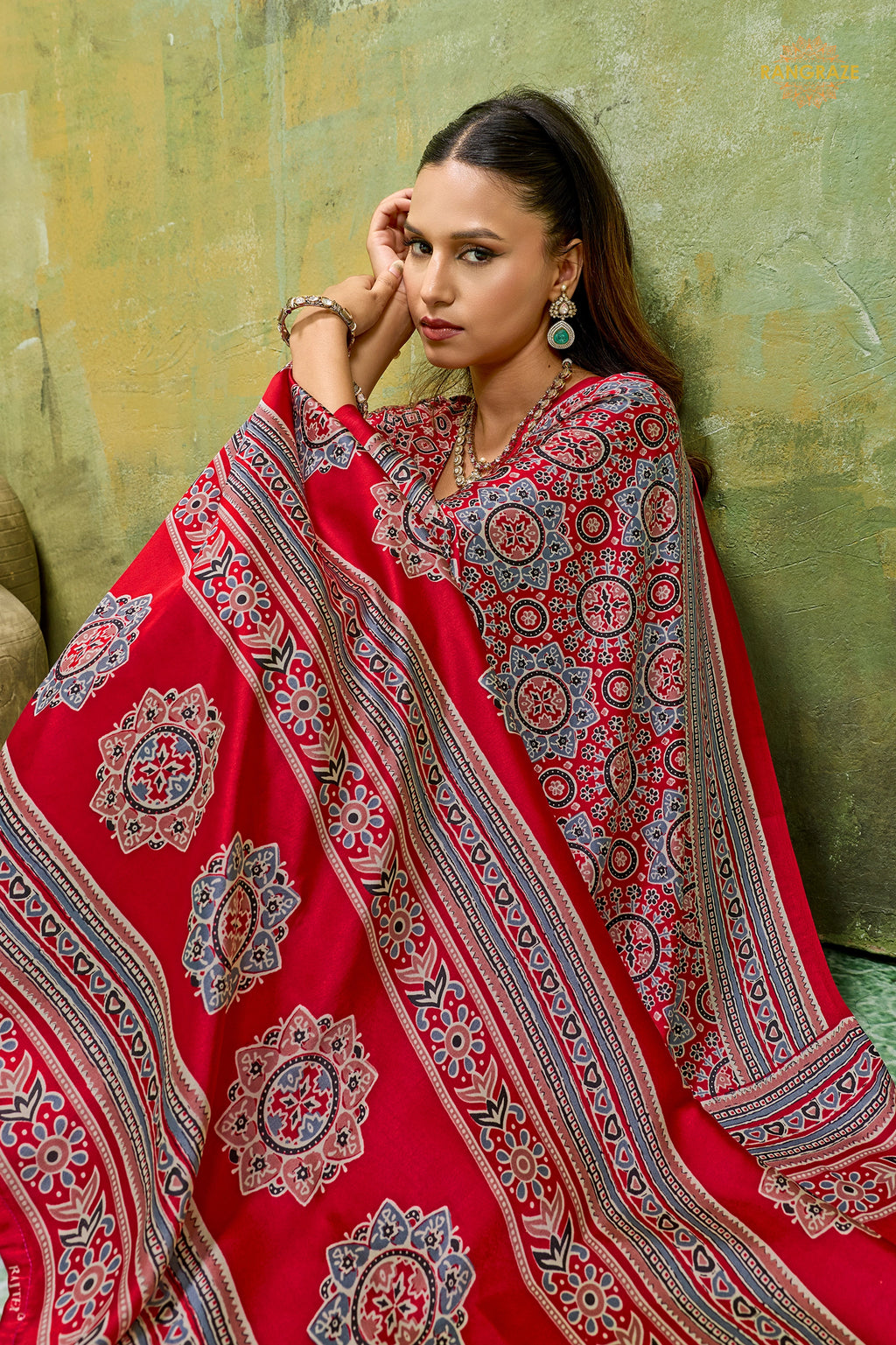 Red Ajrakh Print Modal Satin Saree