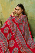 Red Ajrakh Print Modal Satin Saree