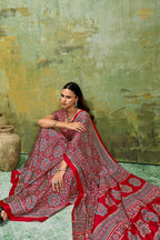Red Ajrakh Print Modal Satin Saree